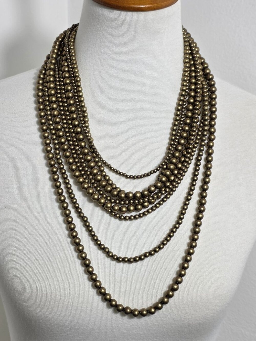 Vintage Multi-Strand Beaded Necklace Cascading Layers of Brass Colored Beads